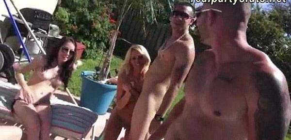  Horny bikini girls gagging and fucking by the pool